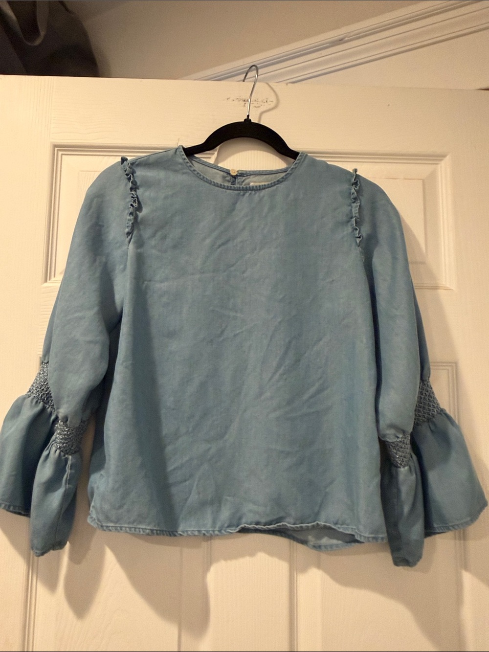 Zara Light Blue Smocked Bell Sleeve Tunic Top